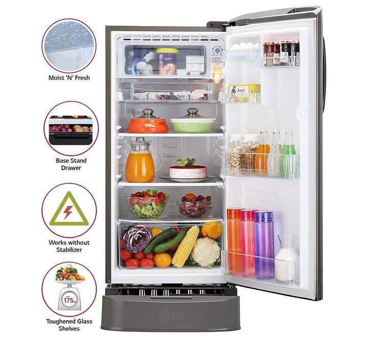 LG 190 L 5 Star Inverter Direct-Cool Single Door Refrigerator (GLD201APZZ Shiny Steel Base stand with drawer)